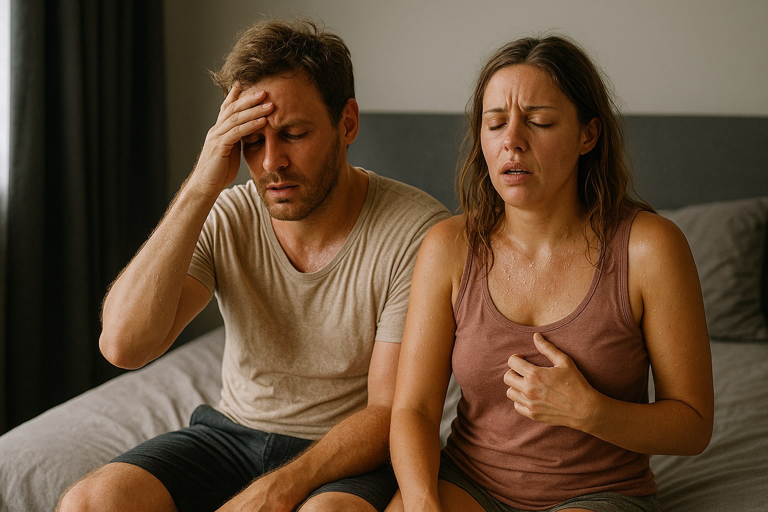 Ehepaar schwitzt bei Sommerhitze im Schlafzimmer ohne Klimaanlage